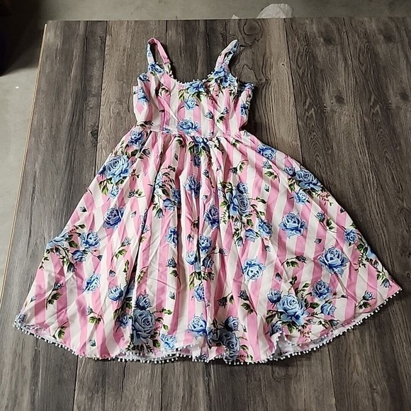 Sourpuss Carousel Roses Sweets Dress Pink White Stripe Blue Sleeveless NWT Sz S - Picture 2 of 4